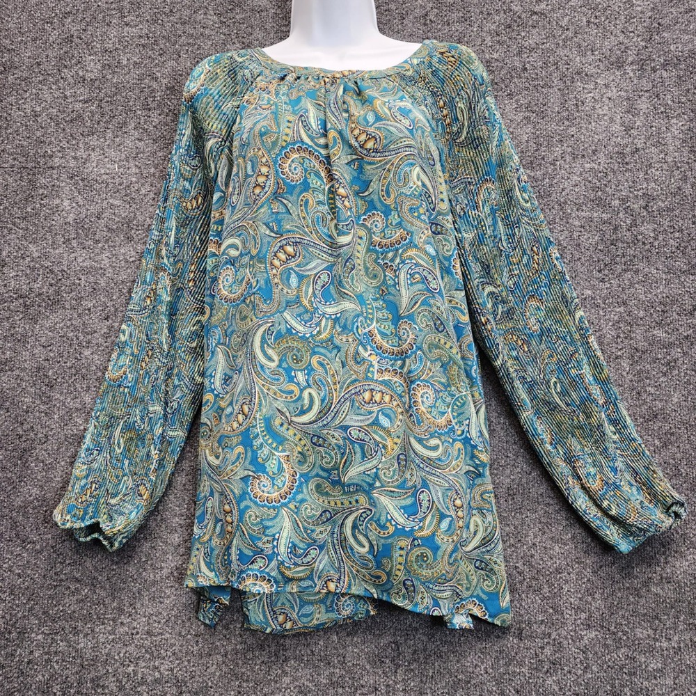 J. Jill Women's Paisley Pleated Sleeve Boho Peasant Blouse Relaxed Top Size L